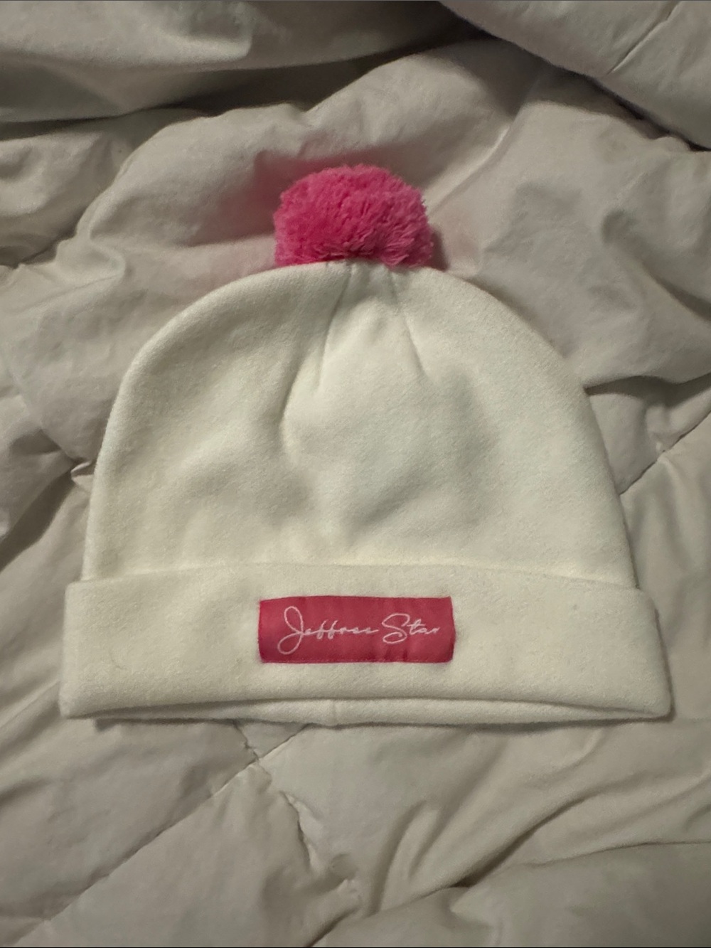 Jeffree Star White Beanie with Hot Pink Pom and Patch